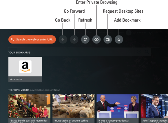 Screenshot of the Home screen of the Silk web browser displaying a series of trending videos powered by Microsoft News.