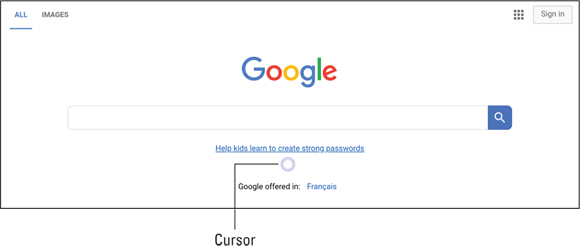 Screenshot of the Google page displaying a circular cursor that the user manipulates to click links and other page elements.
