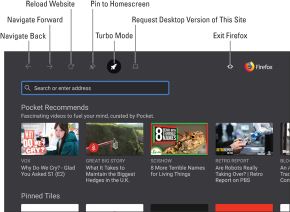 Screenshot displaying the home screen of the Firefox Fire TV web browser with a choice of fascinating videos for the user to select from.