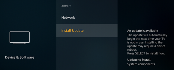Illustration highlighting the Install Update command that appears when Fire TV has downloaded an update to Fire OS and to choose Update to install.