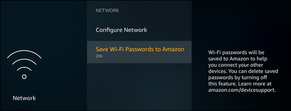 Illustration of the network settings to scroll to the bottom of the screen to view the Save Wi-Fi Passwords to Amazon setting. 