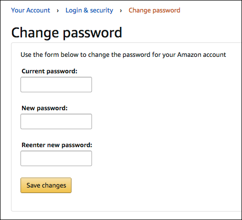 Illustration displaying the Change Password page to create a new password for an Amazon account and save the changes. 