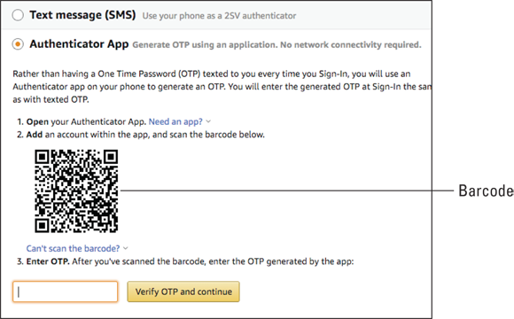 Illustration of the authenticator app that displays a one-time password for the user to scan a displayed barcode.