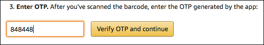 Illustration of the Amazon site enabling the user to enter the one-time password that was generated by the authenticator app.