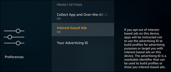 Illustration of the Collect App and Over-the-Air Usage Data screen to press Select on the Interest-Based Ads setting to turn it off.