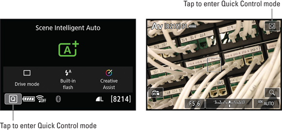 Photo illustration of the default photography screen as it appears in the Scene Intelligent Auto exposure mode (left) and what the camera looks like in an advanced exposure mode using Live View (right).