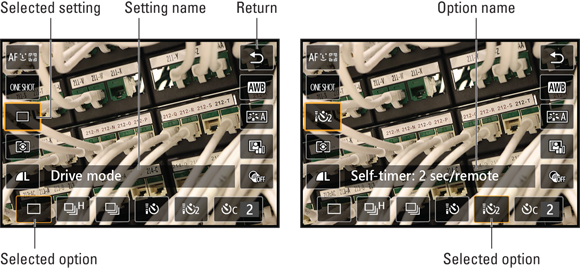 Photo illustration of the Live View mode where the setting needing adjustment is highlighted (left), and the Quick Control/Main Dial (right).