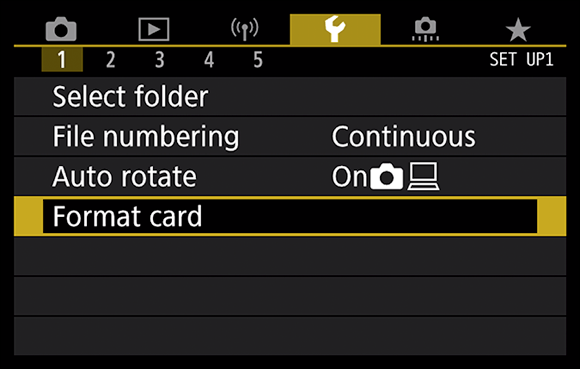 Photo illustration of the Setup Menu 1 containing the Format Card option with a handful of others.