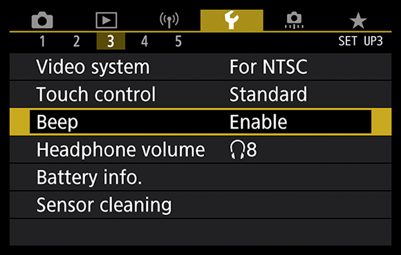 Photo illustration of the Setup Menu 3 that displays more customization features such as Video control, Touch control, Beep, Headphone volume, Battery info, and Sensor cleaning.