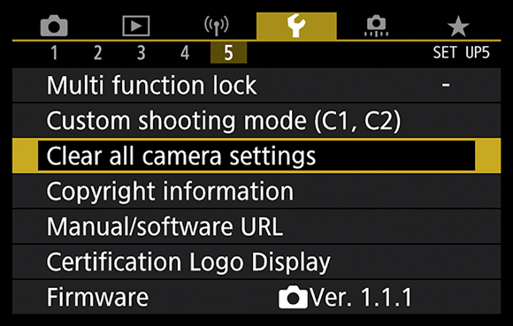 Photo illustration of the Setup Menu 5 that displays all the menu option when the Mode dial is set to P, Tv, Av, M, B, C1, or C2.