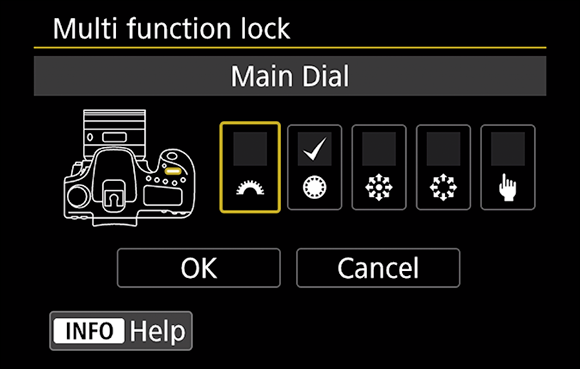 Photo illustration of the multi-function lock feature that displays the control that is affected by the Lock switch on the back of the camera.