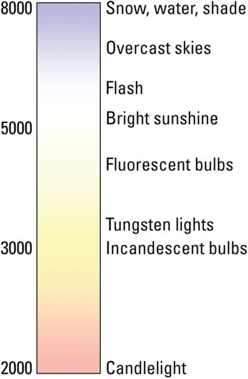 Illustration of Kelvin scale where each light source emits a specific color.