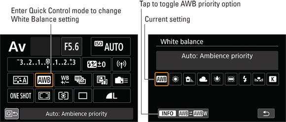 Illustration of the Quick Control mode (left) and the White Balance setting where the AWB priority option is selected.