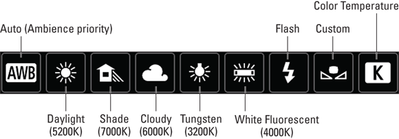 Illustration of guide to the symbols used to represent the White Balance settings.