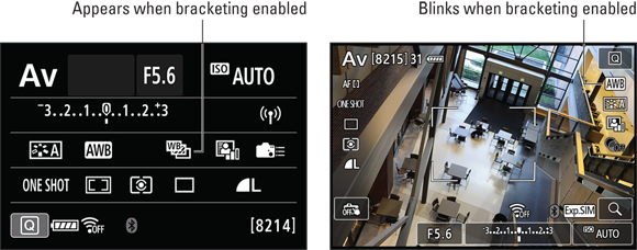 Illustration of the Quick Control and Live View screens displaying the alerts that White Balance Bracketing is turned on.
