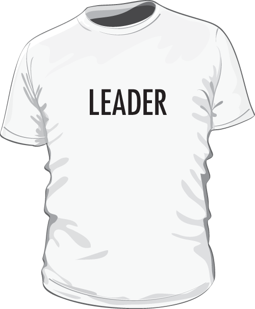Image of an extra-large t-shirt displaying big block capital letters of the word “LEADER”, on the front side.
