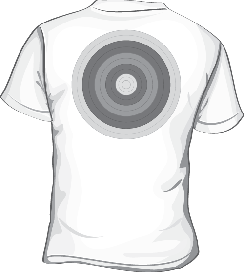 Image of an extra-large t-shirt displaying bigger to smaller rings of circles depicting a bull's eye, on the back side.