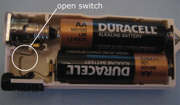 A switch in the open position disconnects the light bulb from the battery, creating an open circuit.