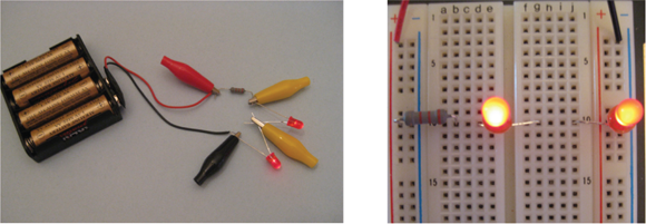 Two ways to set up the circuit with two LEDs in series.