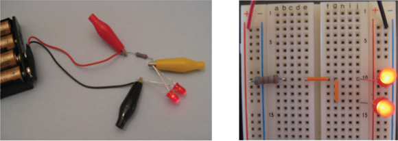 Two ways to set up the circuit with two LEDs in parallel.