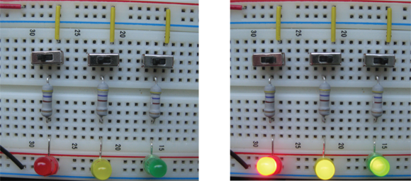 With all three switches off, none of the LEDs receives current (left). With all three switches on, all three LEDs receive current and light (right).