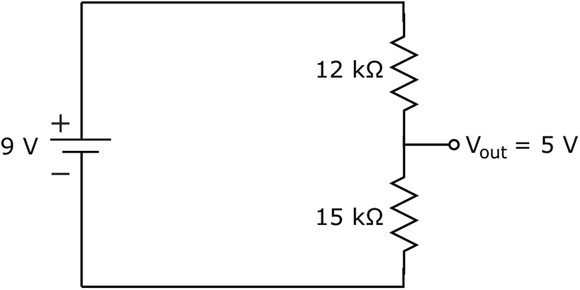This voltage divider circuit reduces the 9-volt supply to 5 volts at Vout.