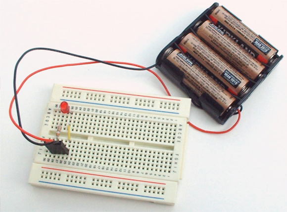 You can build a circuit on a small solderless breadboard in just minutes.