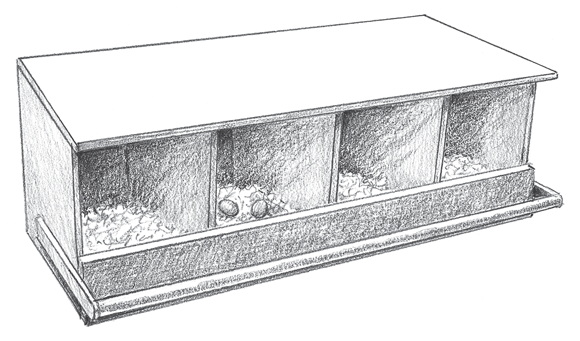 Image depicting a setup of four  side-by-side nest boxes to make the hens more comfortable while laying eggs.