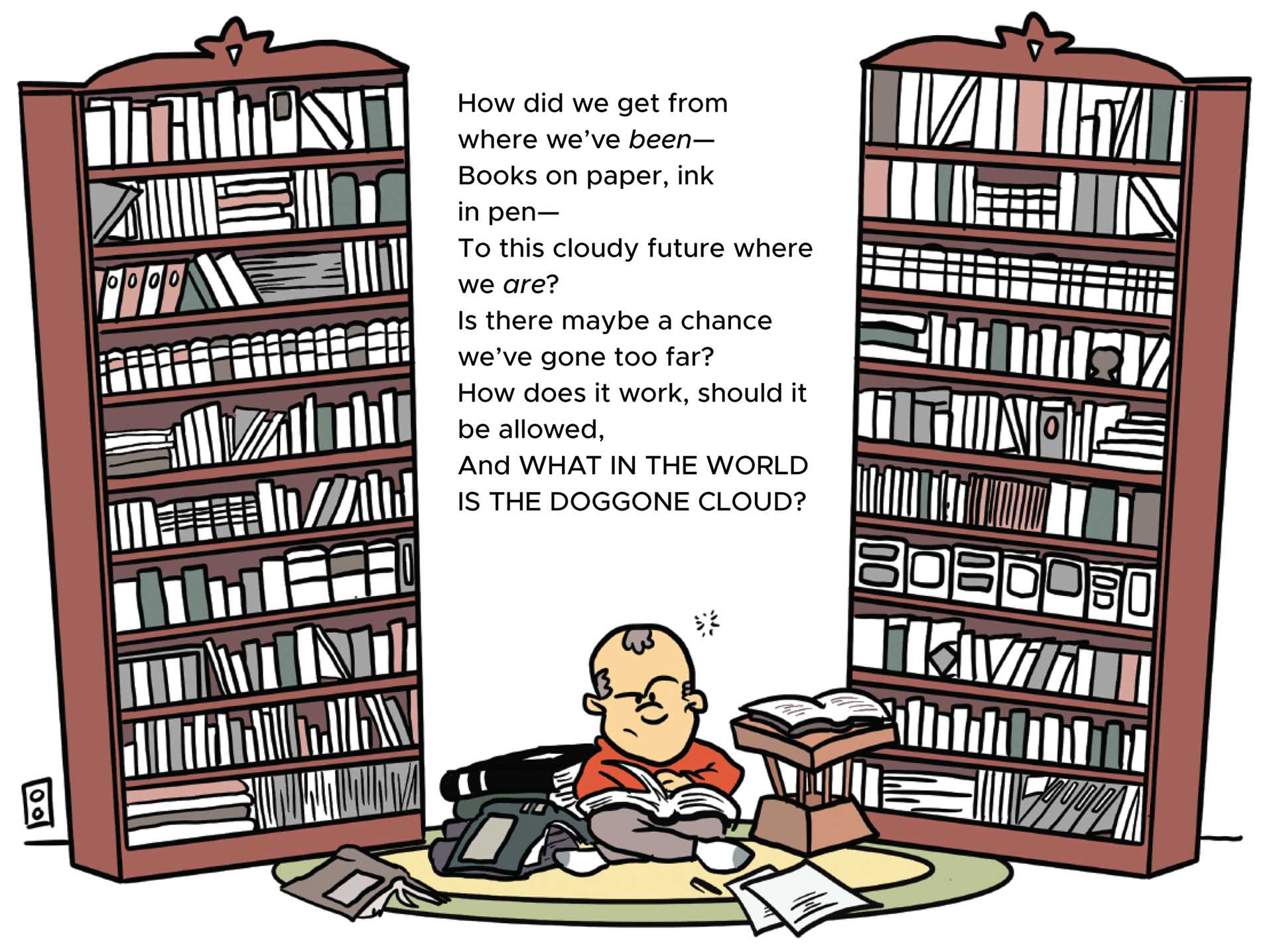 Cartoon illustration of a man reading books in the library.