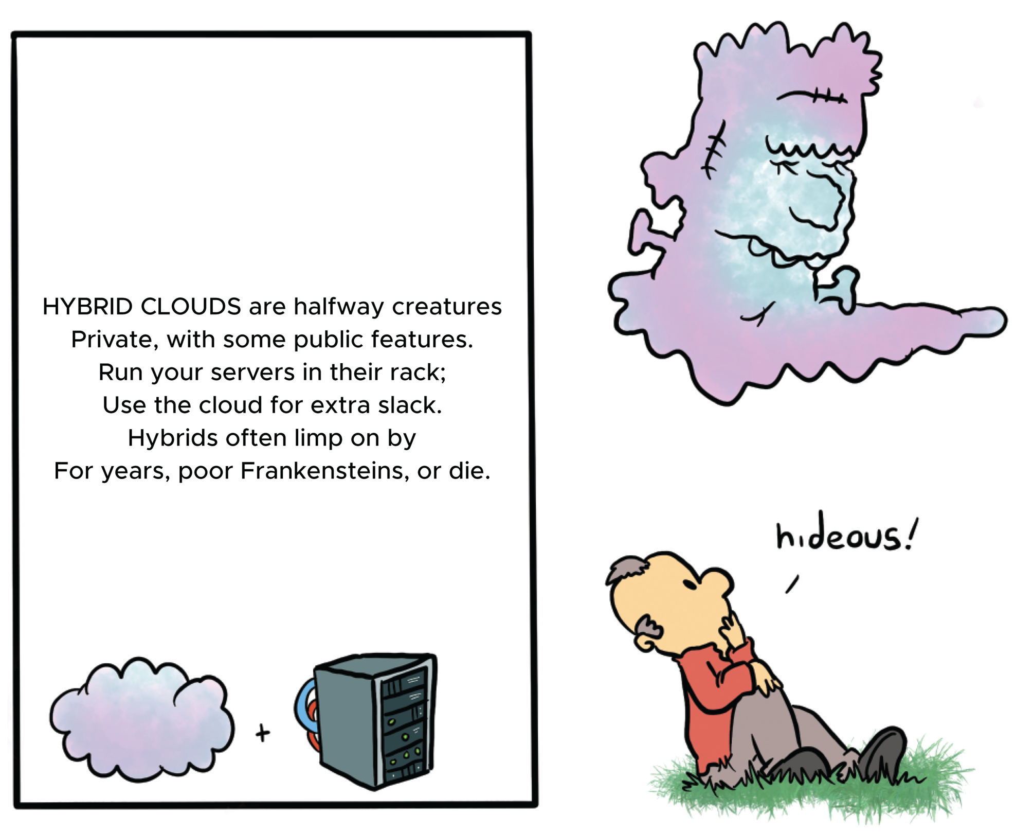 Cartoon illustration of a man feeling hedeous due to hybrid clouds.