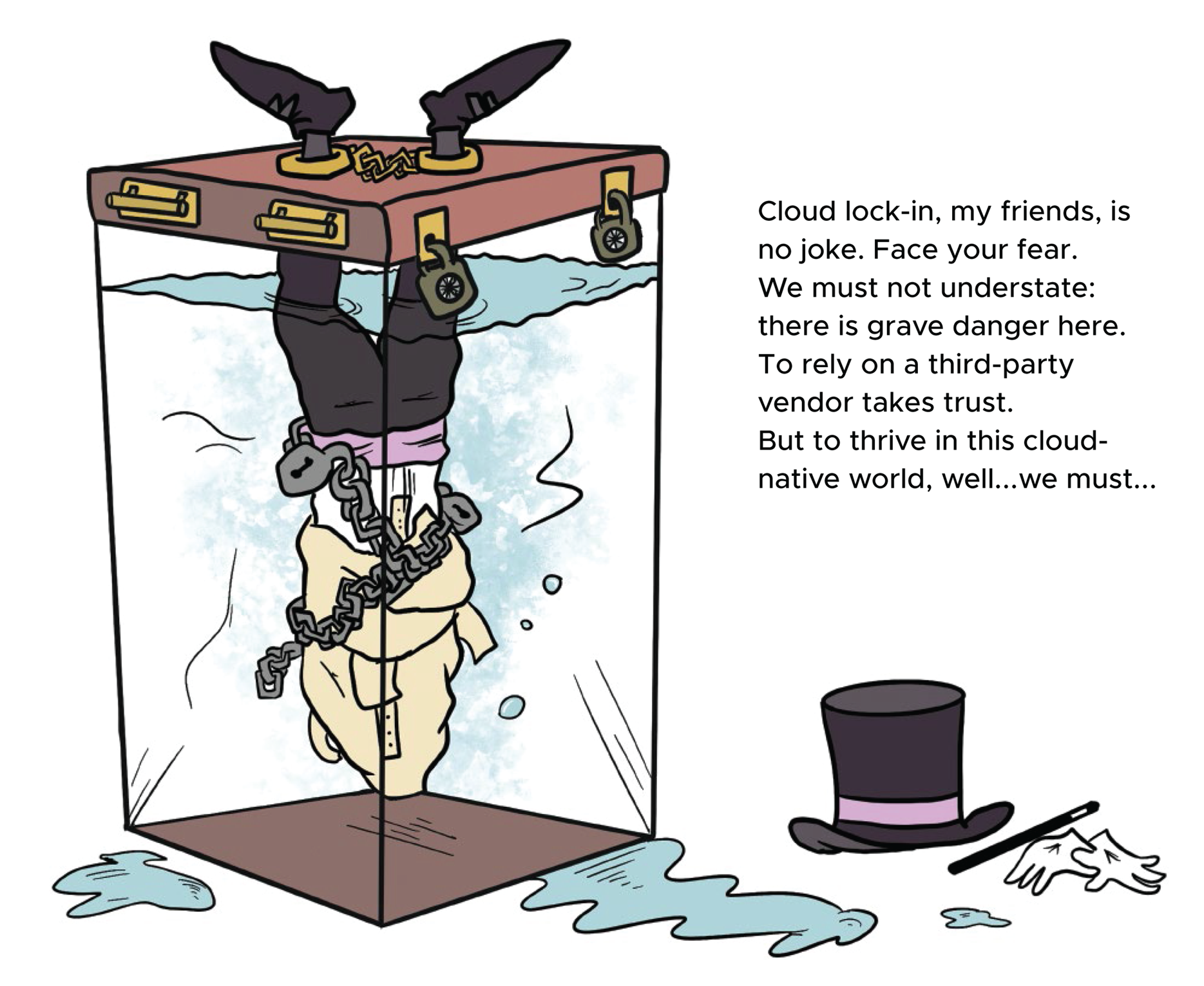 Cartoon illustration of a person tied in a cloud lock-in. 