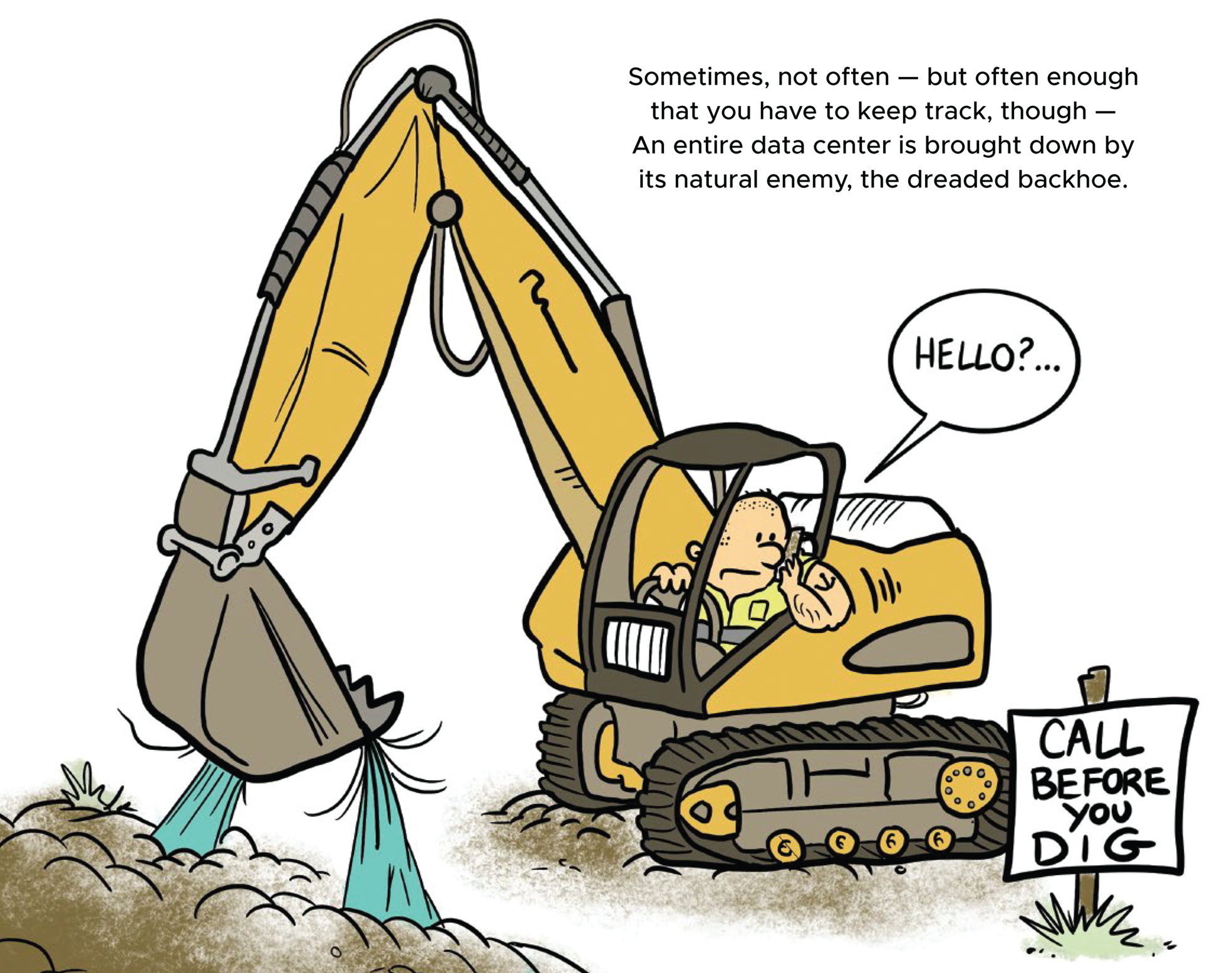 Cartoon illustration of a man digging a place using JCB. 