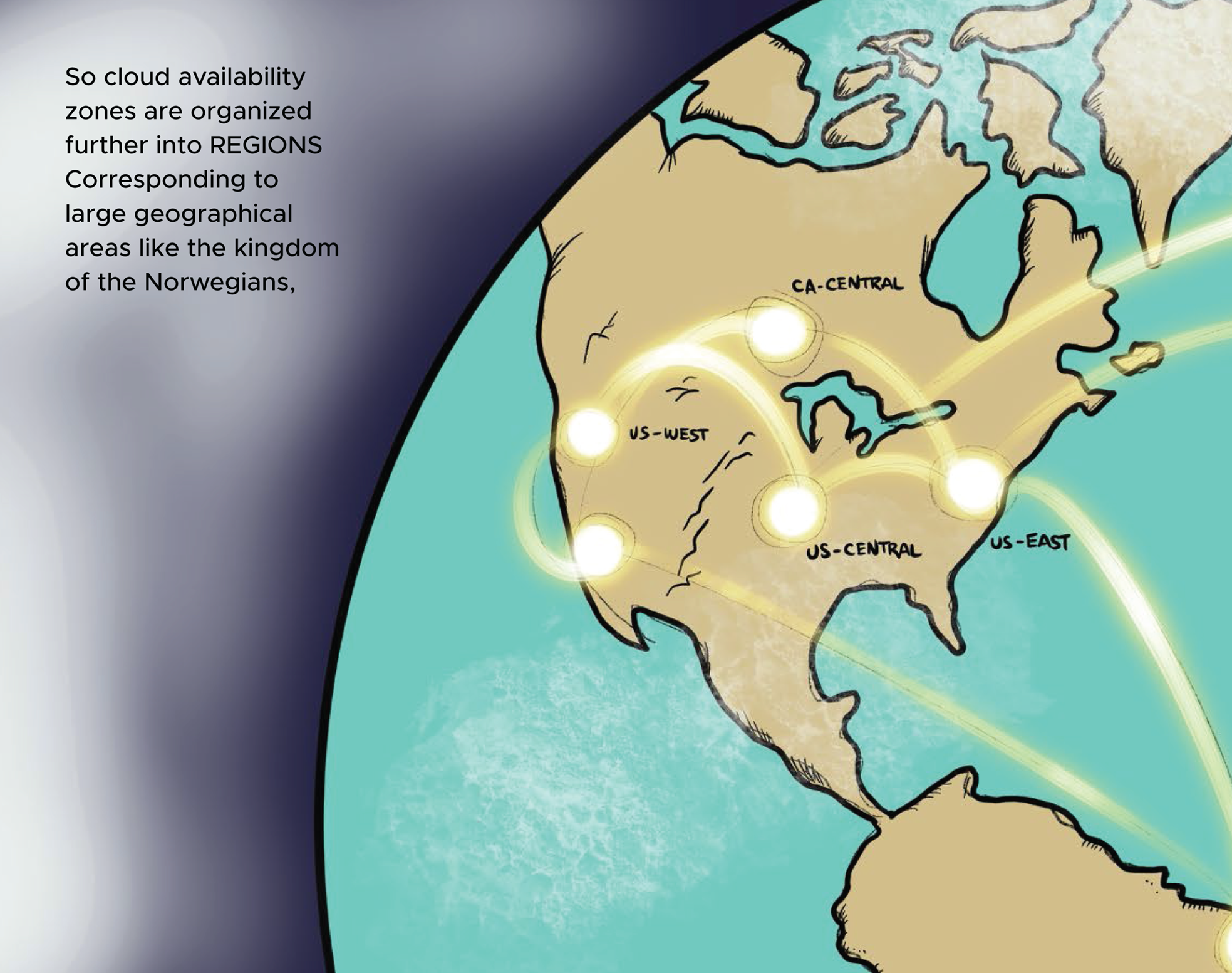 Cartoon illustration of the earth depicting the locations of cloud availability zones.