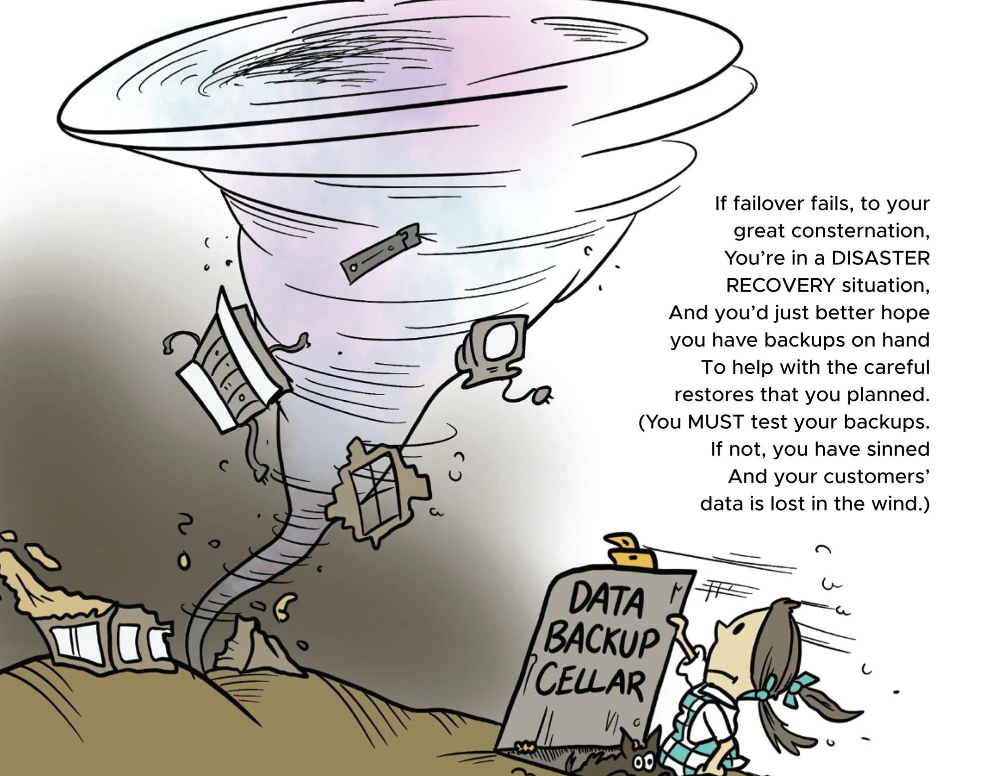 Cartoon illustration of cyclone occurring in a server and a person trying to back up the data. 