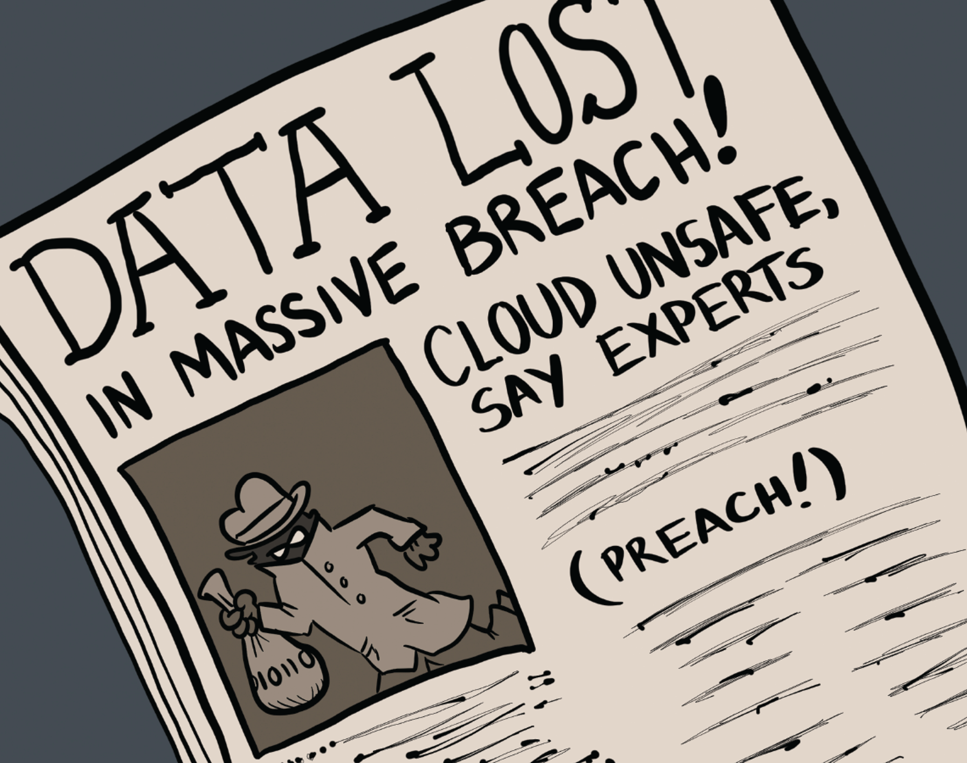 Cartoon illustration of a newspaper displaying the news about data loss in massive breach.