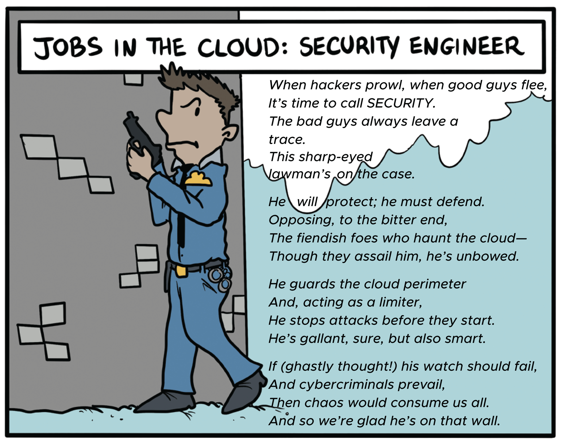 Cartoon illustration of a security engineer guarding the data.
