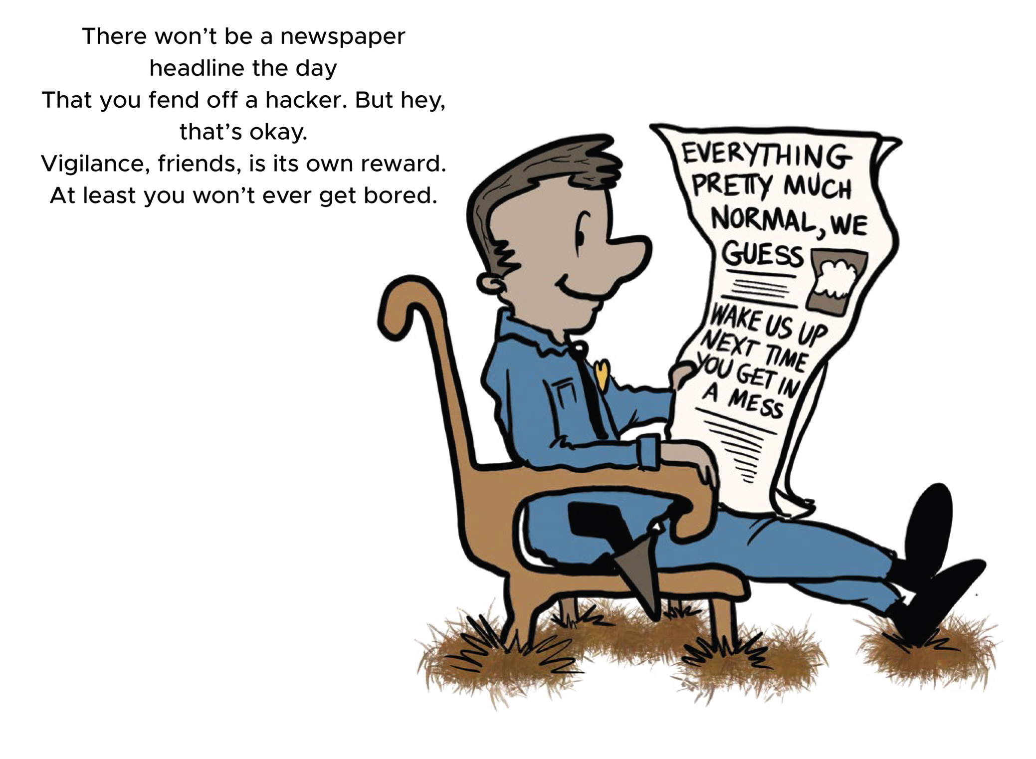 Cartoon illustration of a security engineer reading the newspaper.