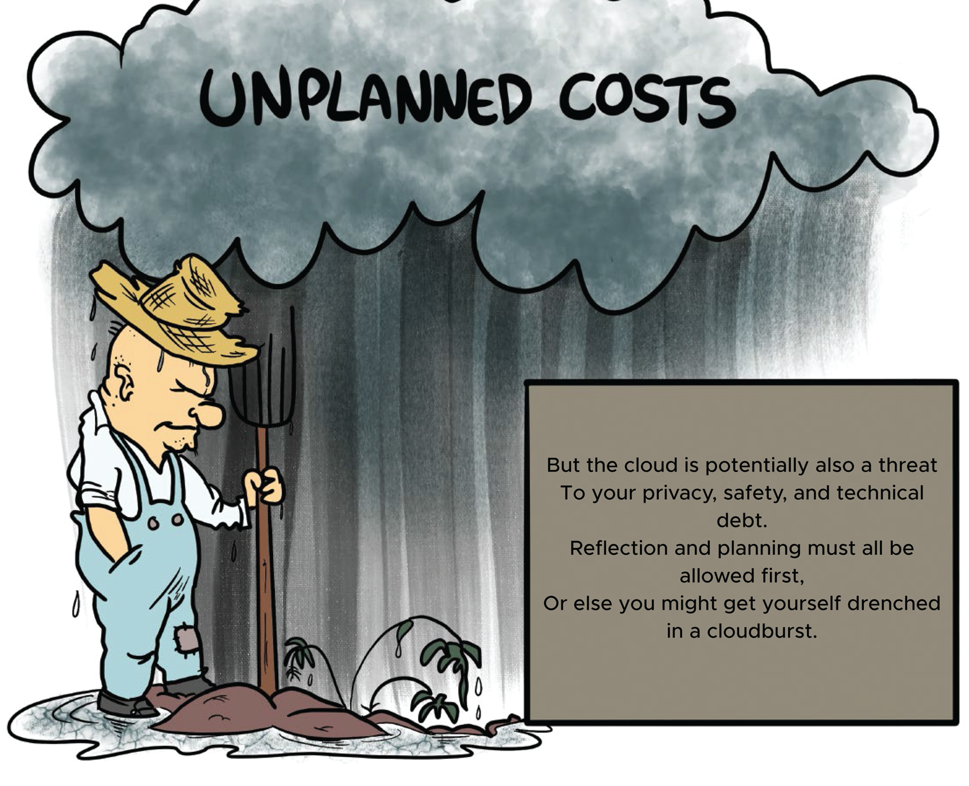 Cartoon illustration of a farmer looking worried about his spoiled plant due to unplanned costs.
