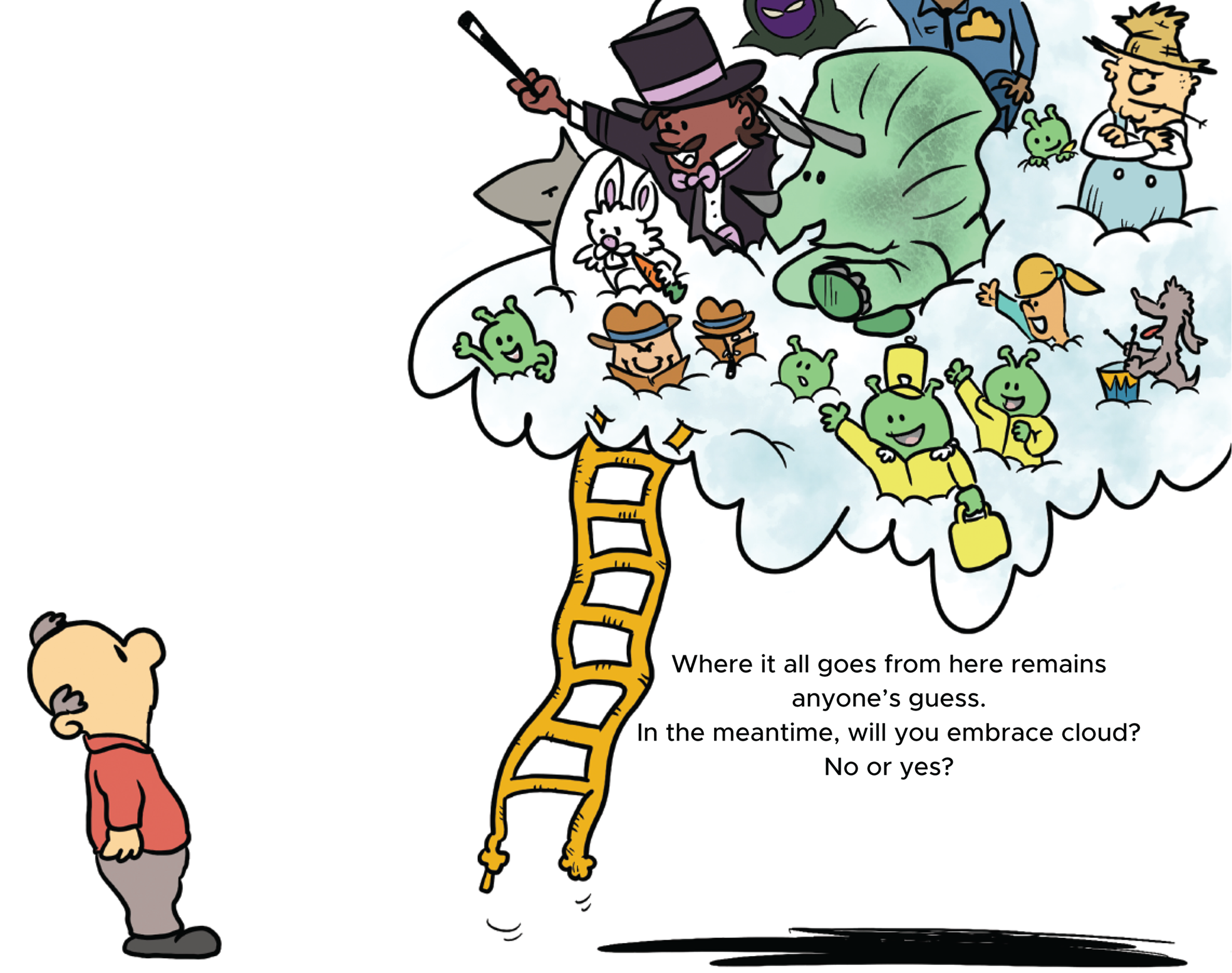 Cartoon illustration of a person looking at a ladder connecting to the cloud.