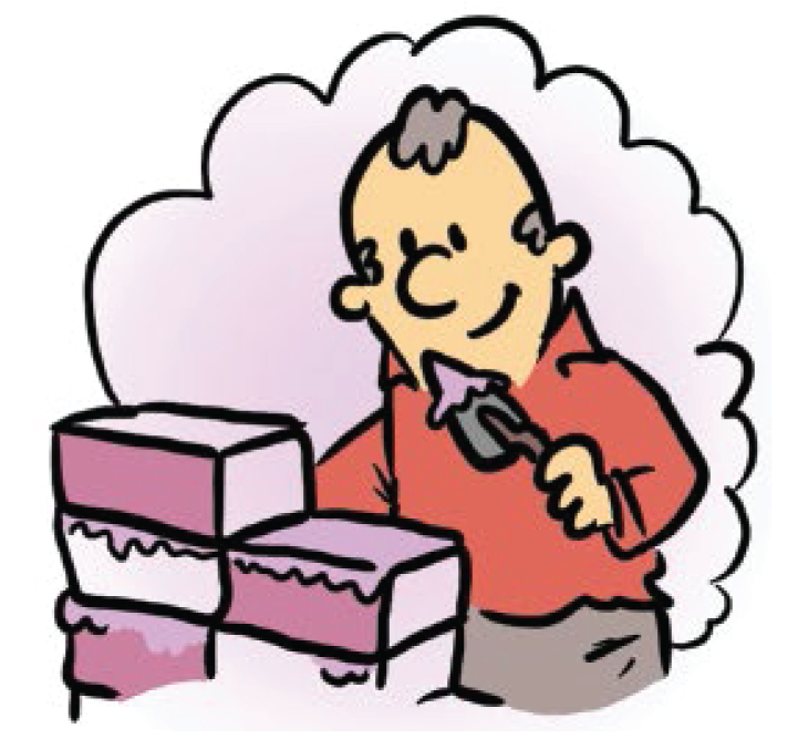 Cartoon illustration of a person constructing a building.