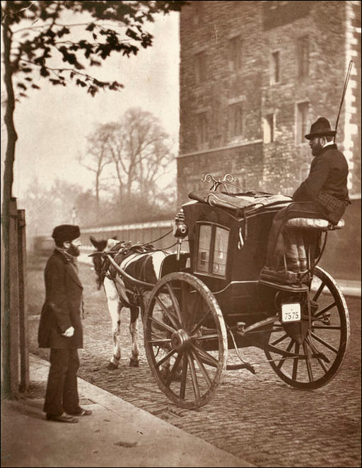 Photo depicts a hansom cab in London, 1877.