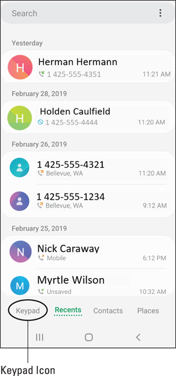 Screenshot of the Main screen of a mobile phone, called
Recents, displays any calls that have been made or received.