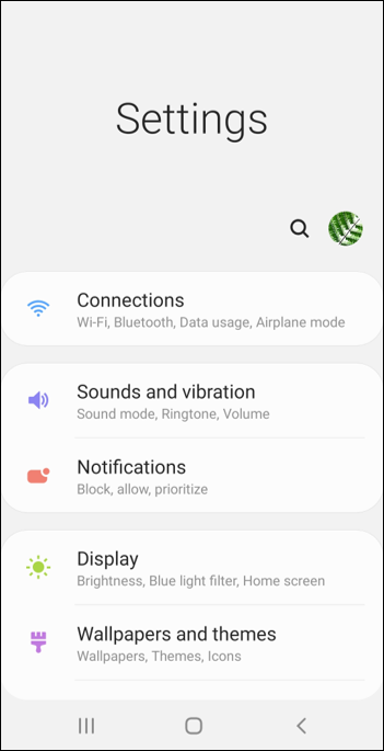 Screenshot of the Settings screen displaying a list of settings that can be adjusted: Connections, Sounds and vibration, Notifications, Display, Wallpapers and themes.