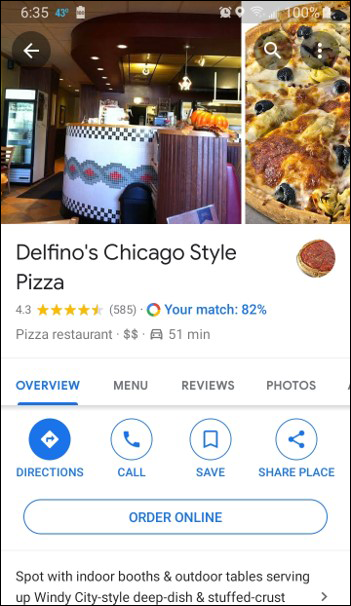 Screenshot displaying the results of a service selection - a Pizza restaurant.