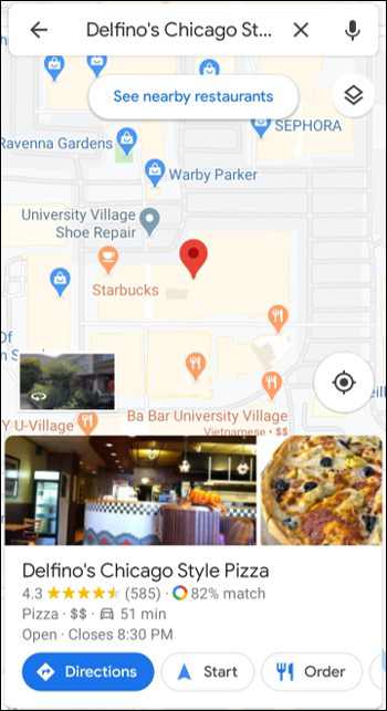 Screenshot displaying the result of a street map search to locate a nearby restaurant.