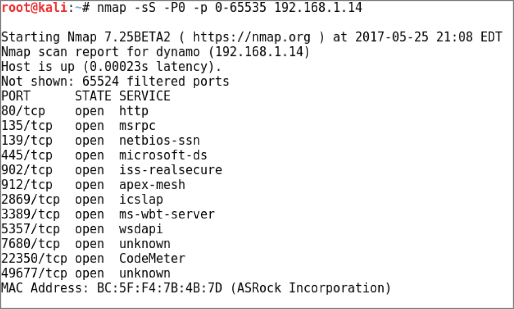 Snapshot of a windows workstation that has been recently scanned using n map on a Kali Linux-based system.