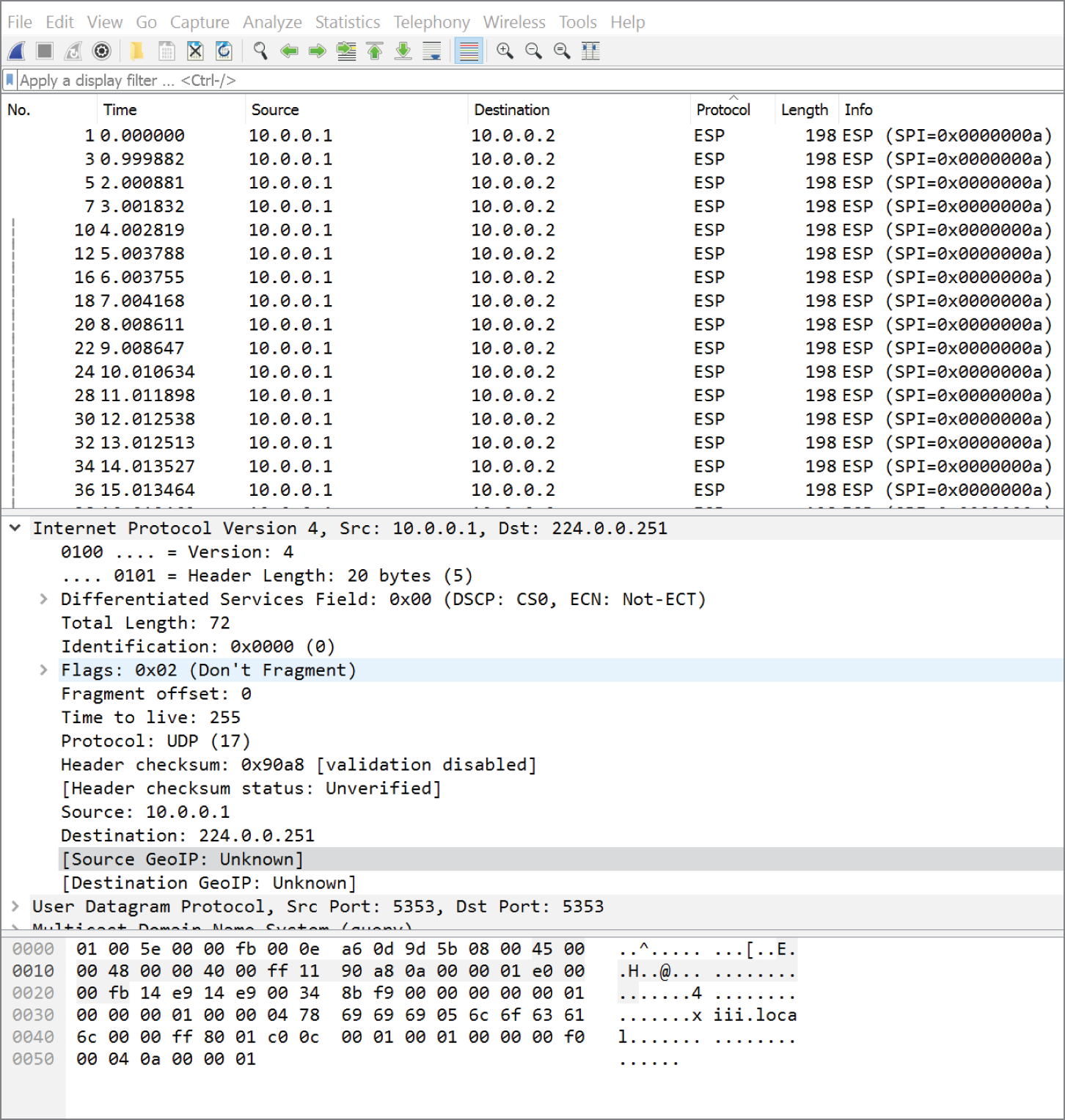 Snapshot of Wireshark packet capture by using the ESP protocol.