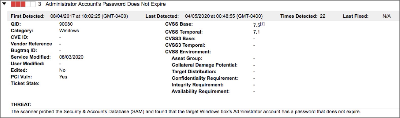 Snapshot of the vulnerability result obtained from reviewing the scan report for the windows system.