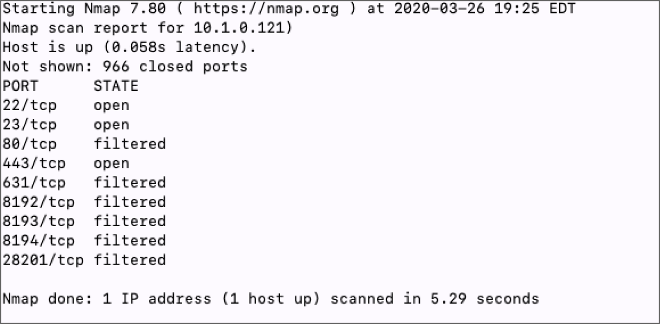 Snapshot of a list of results to find the greatest concern from running a port scan against a network switch located on an internal organization network.