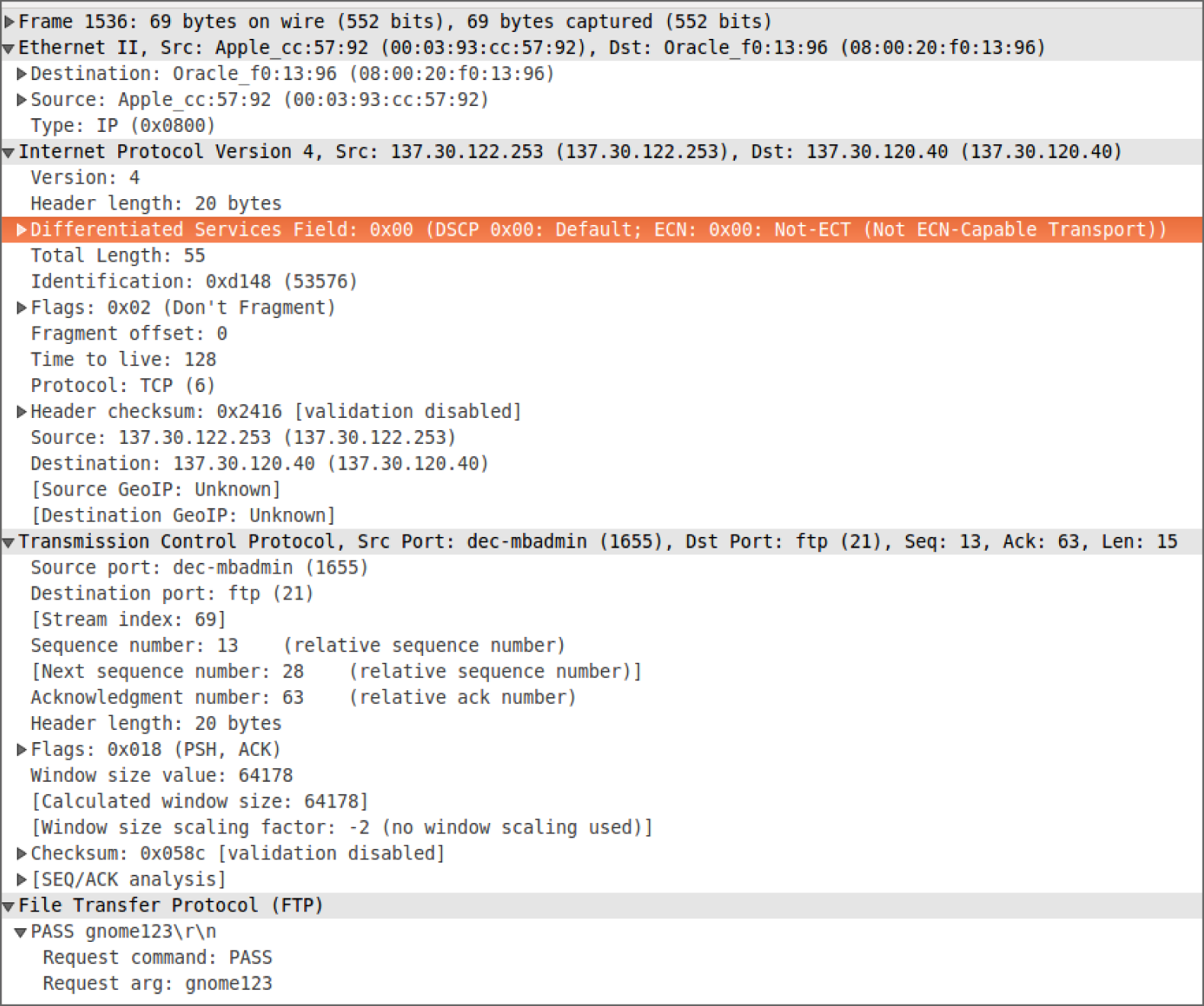 Snapshot of the determination of a packet capture in Wireshark.